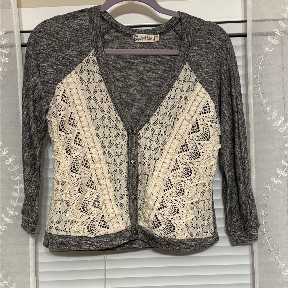Spoiled Gray and Cream Lace V-Neck Sweater. Comfortable.